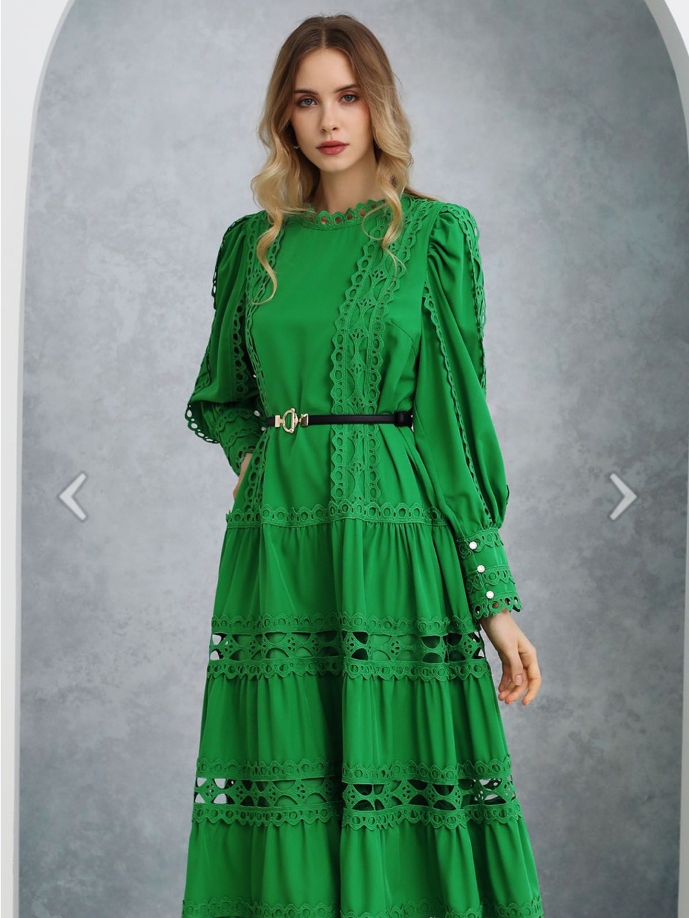 Chic Wish CUTWORK LACE TRIM BUBBLE SLEEVE MIDI DRESS IN GREEN